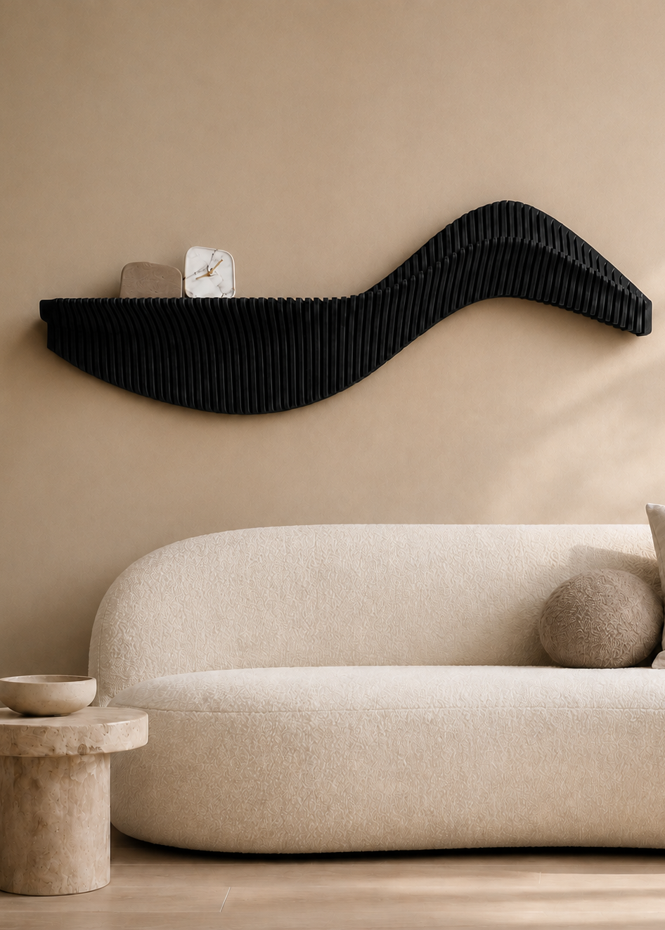 Drift houten wandobject S-vorm in Charcoal – Studio Muur