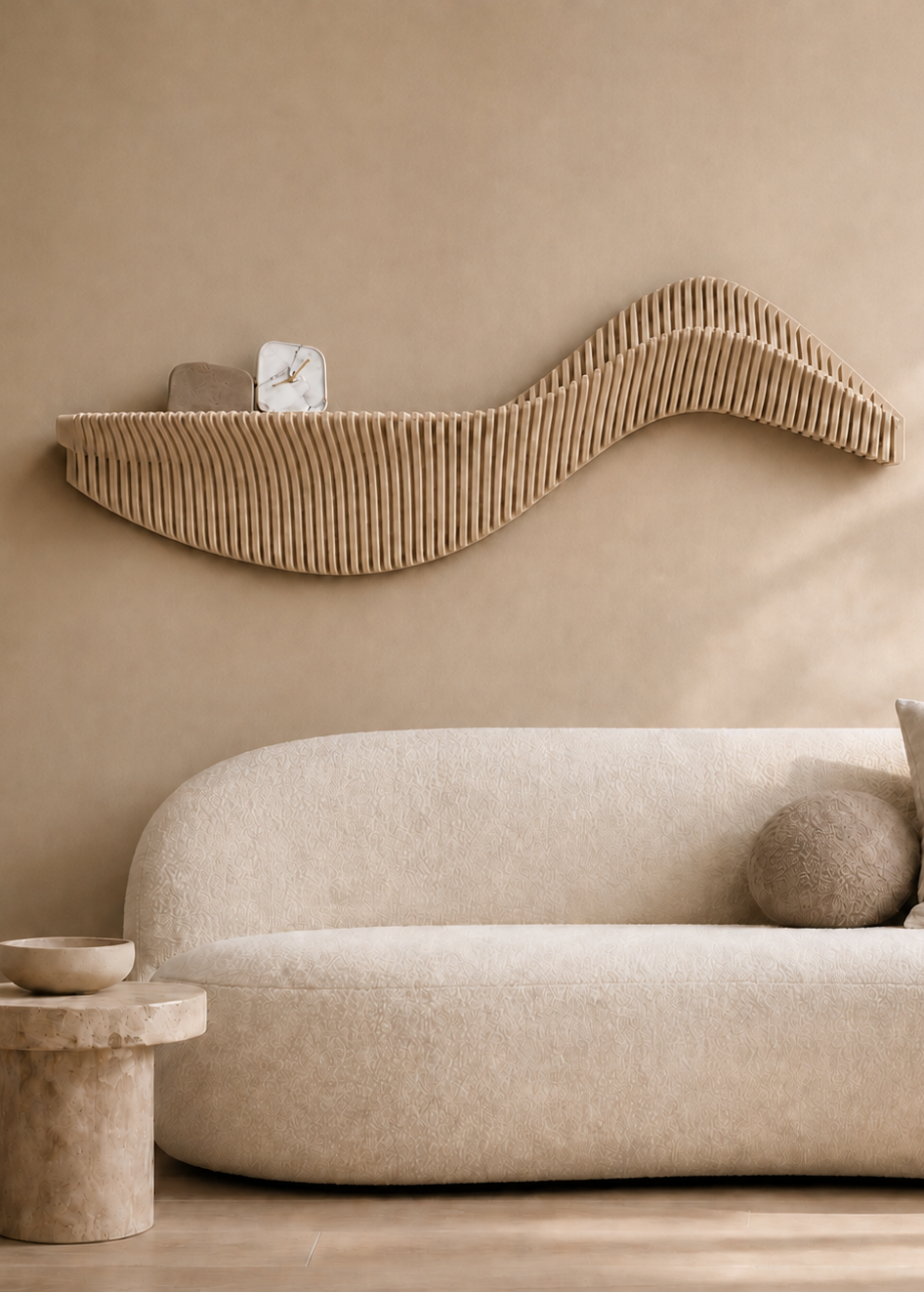 Drift houten wandobject S-vorm in Sand – Studio Muur
