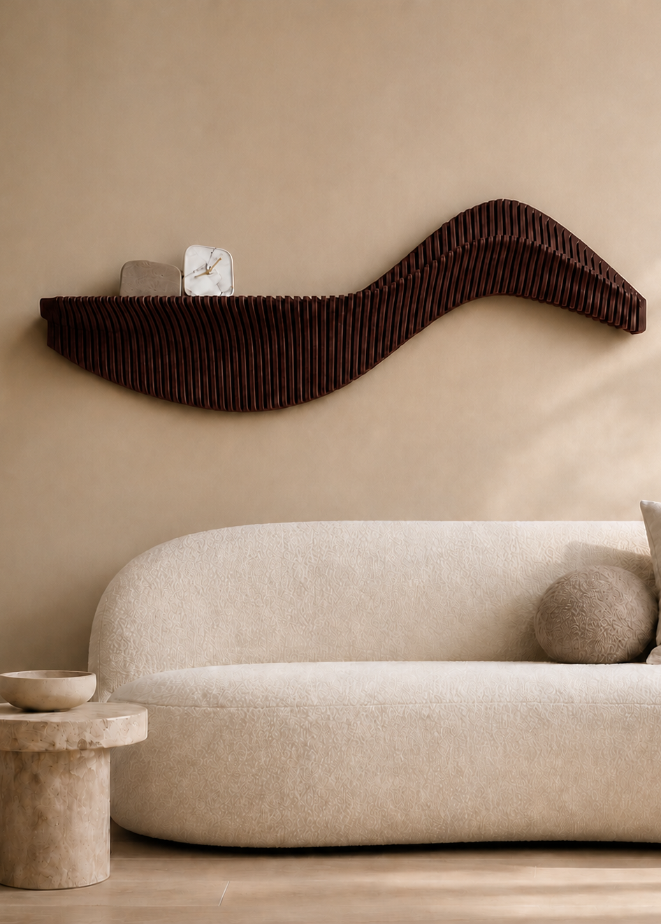 Drift houten wandobject S-vorm in Walnut Brown – Studio Muur