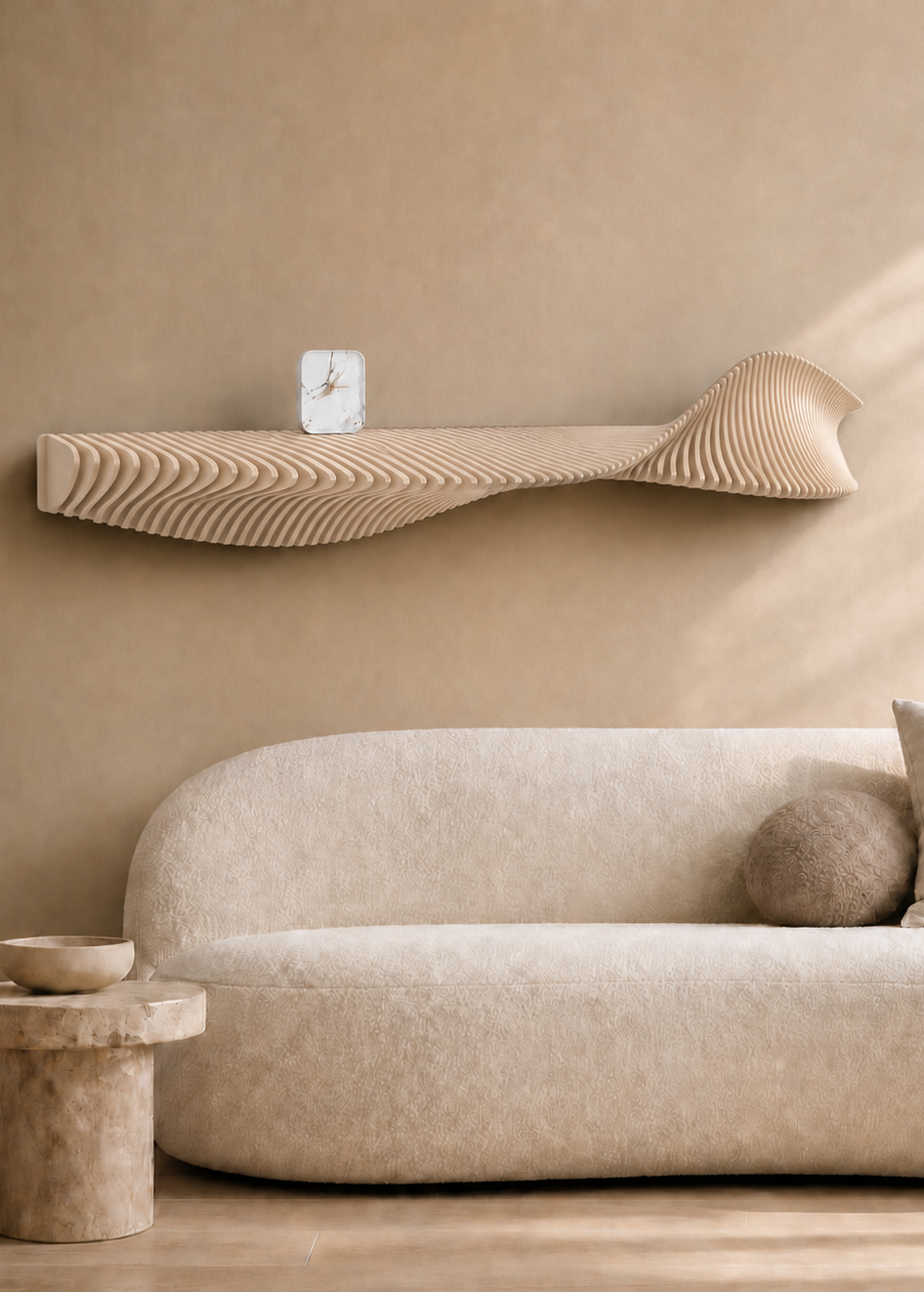 Flow parametrische houten wandplank in Sand – Studio Muur