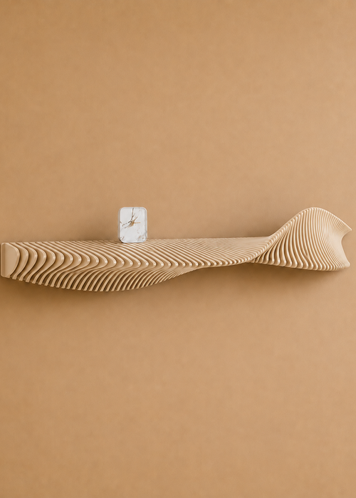 Flow parametrische houten wandplank in Sand – Studio Muur