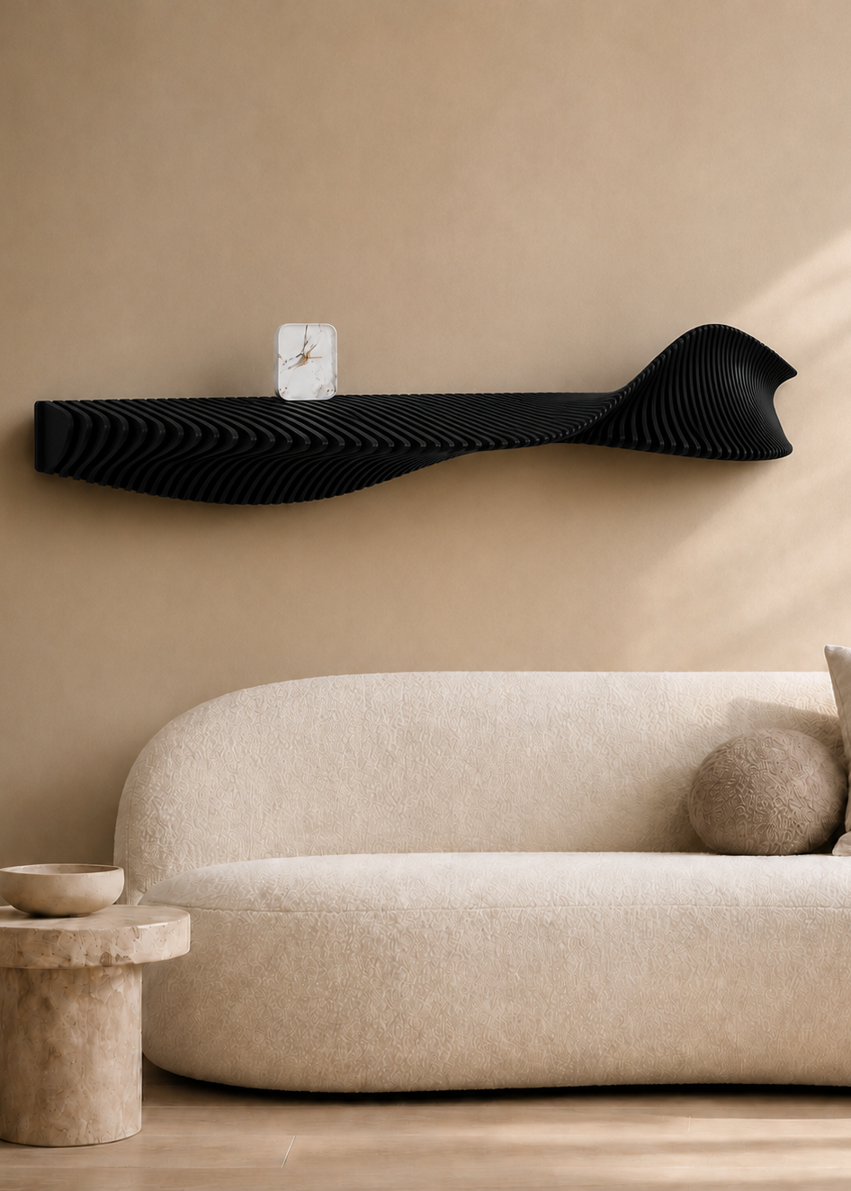 Flow parametrische houten wandplank in Charcoal – Studio Muur