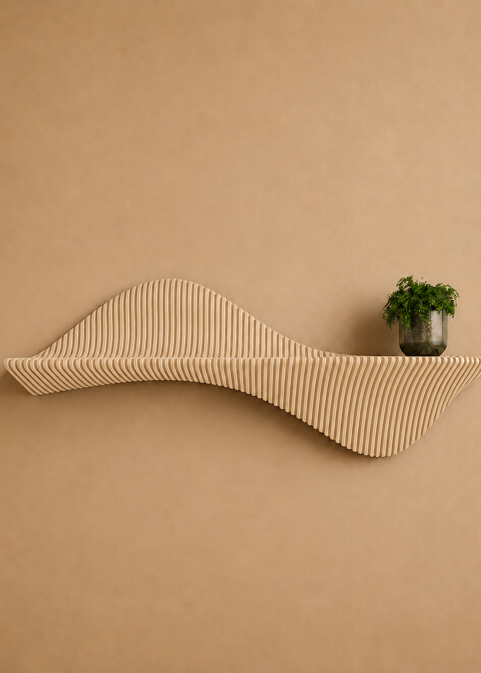 Tide sculpturale houten wandplank in Sand – Studio Muur